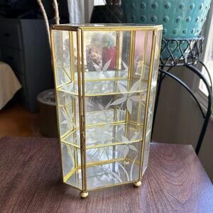 Vintage Glass Mirror Display Cabinet Etched Floral Case For Miniature figures